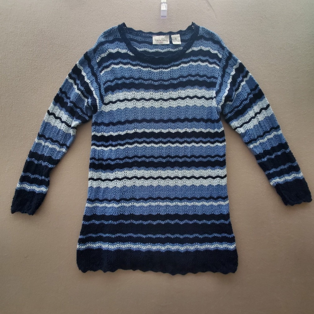 Diane Von Furstenberg Blue Sz Large Crochet Knit Tunic Sweater Dress Long Sleeve